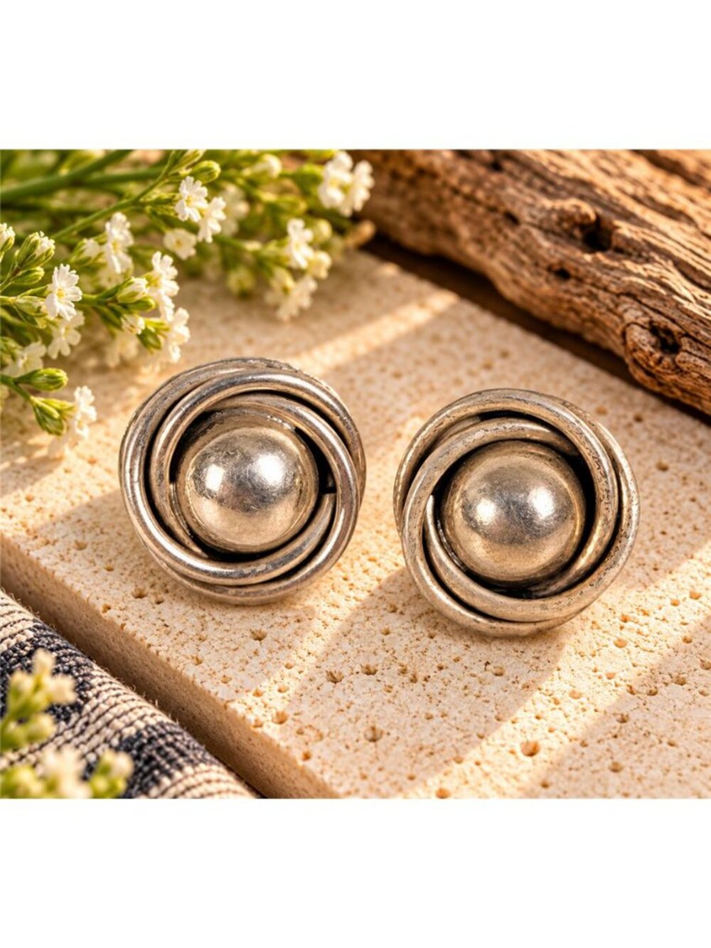 Taxco Mexico 925 Sterling Silver Swirl Spiral Dome Stud Earrings 13.5mm Vintage